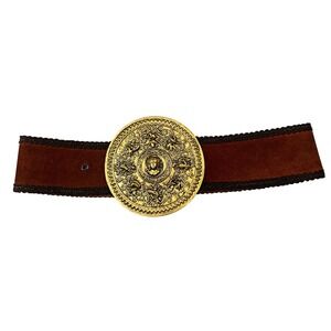 Unique Vintage Brown Suede-like‎ Belt Gold Medallion Buckle Statement Piece